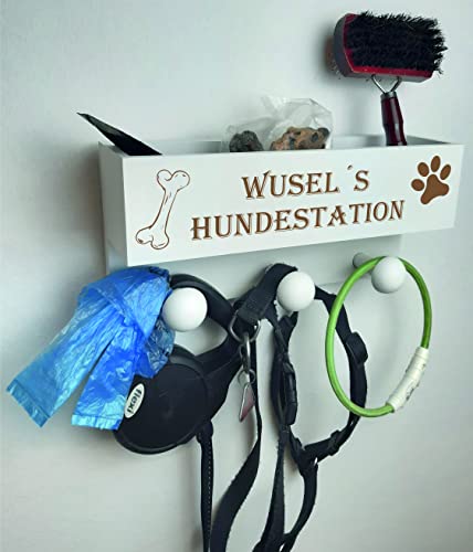 UDIG Garderobe für Hunde mit personalisierbarer Gravur, Dogstation, Leinengarderobe, Leinenparkplatz weiß 30x15x8,5cm