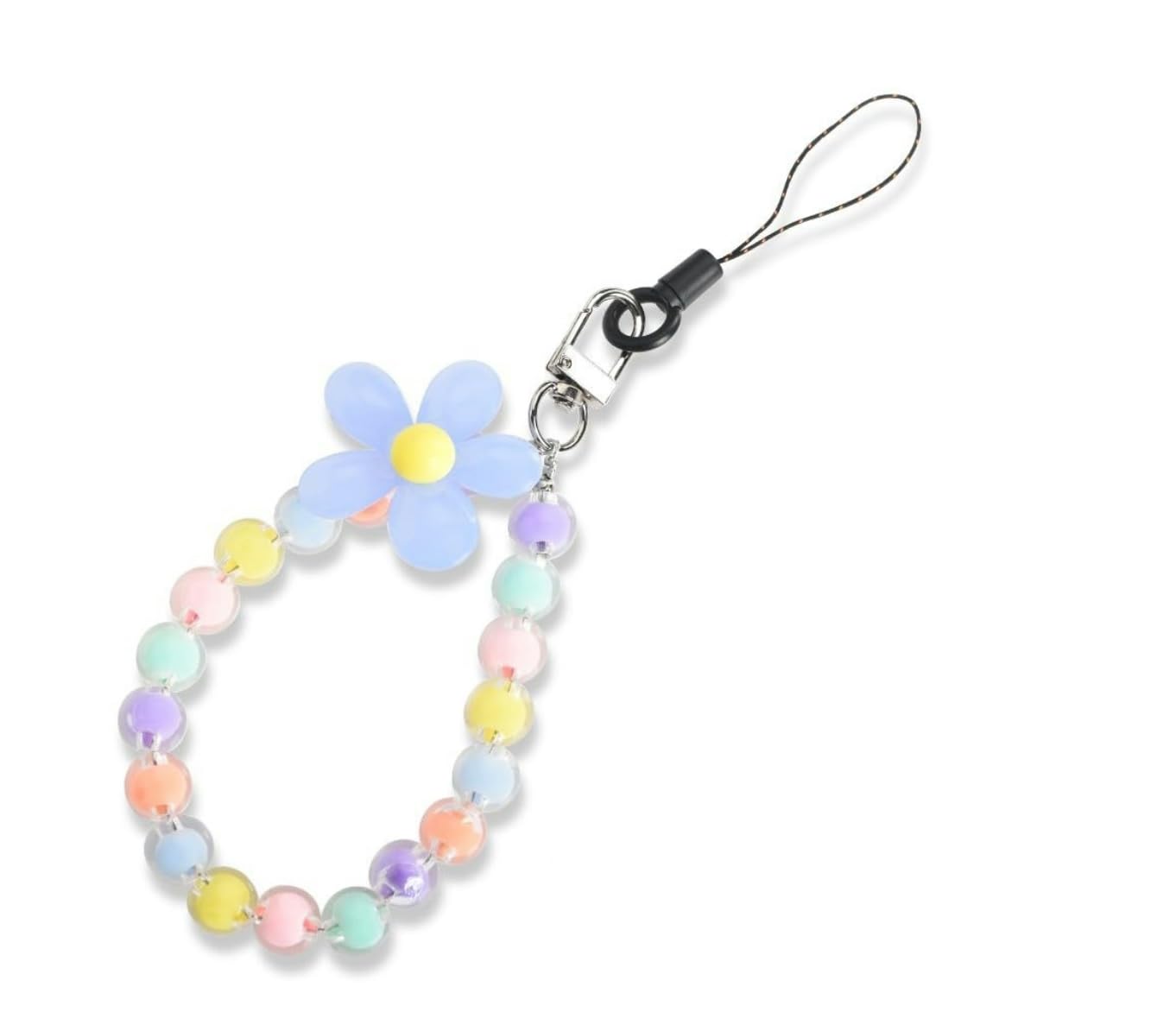 Blue Mobile Phone Strap Beaded Flower Bracelet Creative Hanging Rope Keychain Mobile Phone Lanyard Beaded Flower Anti-Lost Phone Case Lanyard Girl Women's Wrist Strap Phone Charms,Cell Phone Charms?Décor