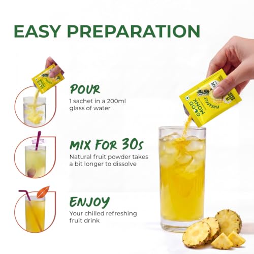 Image of Good Monk Fruit Drink Mix (Natural Pineapple Powder), 50% Less Sugar with 8 Vitamins & Minerals (Vitamin B12, C, D, Iron & more) | Tasty & Healthy Drink Mix for Hydration, Energy, Immunity, 24 Sachets