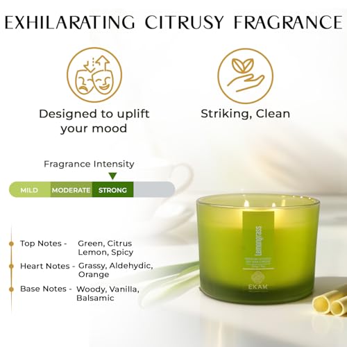 Image of EKAM 3 Wick Soy Wax Scented Candle | Lemongrass Fragrance | 35 Hr Burn | Long Lasting Premium Jar Candle for Home Decor, Relaxation & Aromatherapy