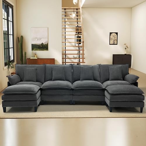 Image of 140 inch Cloud Couch, Modular Sectional Sofa with Movable Ottoman, U Shaped Modern Sofa with Pillows, Comfy Couch, Deep Seat Couches for Living Room, Bedroom and Apartment, Grey