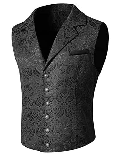 Mens Victorian Steampunk Gothic Paisley Printed Single Breasted V-Neck Suit Vest/Tuxedo Waistcoat