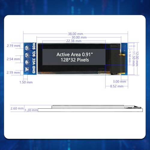 Image of 5 Pcs 0.91 Inch I2C OLED Display Module, 128x32 Pixel SSD1306 Luminous OLED Screen Board Compatible with Arduino Raspberry Pi ESP32 (White)
