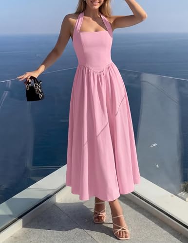 Image of ZESICA Women's Summer Sleeveless Halter Midi Dress 2026 Off Shoulder High Waist Flowy Formal Wedding Guest Long Dresses