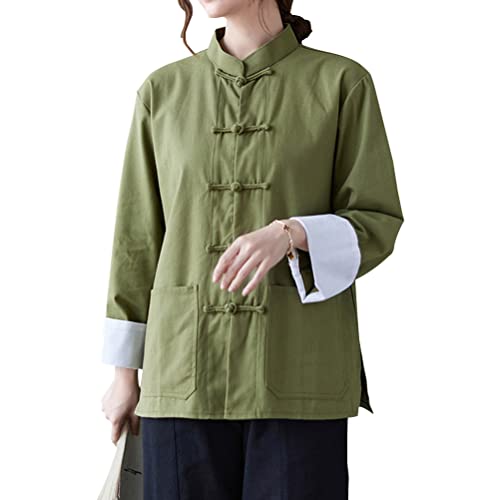 HHHH Women's Kung Fu Jacket Frog Button Mandarin Collar Loose Fit Blouse Chinese Tang Shirt Tai Chi Training Uniform (L, 60# Green) - Main Image