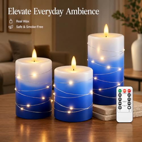 Image of Flameless LED Candles with Fairy Lights, Remote Timer, Blue Wax, 3-Pack | Layered Glow for Cozy, Worry-Free Ambiance