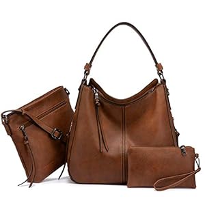 Realer Dames handtassen grote shopper lederen handtas schoudertas portemonnee hobo dames tassen set voor kantoor school winkelen reizen 3 stuks Leder, Bruin-pistool kleur ritssluiting