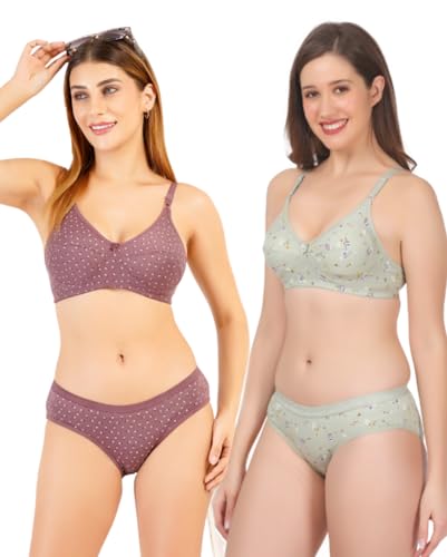 Image of Women Non Padded Wirefree Pure Cotton Printed Multicolor Bra & Penty Set 2 Pack Combo