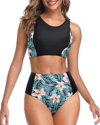 Tempt Me Women Black Floral High Waisted Bikini Sporty Scoop Neck Tank Top Two Piece Swimsuits M