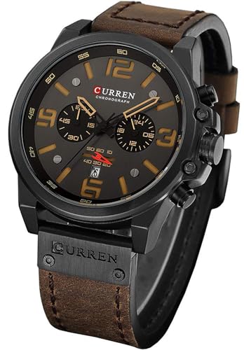 Gosasa Men Sport Chronograph Quartz Watch Brown Leather Strap Date 30M Waterproof Military Male Wrist Watch (Brown Black)