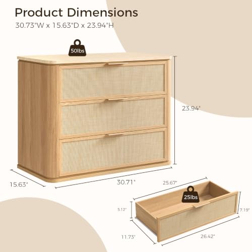 Image of Night Stand Set of 2, 30.71 inch W Rattan Nightstand with 3 Drawers, Faux Marble Top Bedside Table, Boho Mid Century End Table for Bedroom Living Room Sofa Office, Natural Oak [FSC Certified]