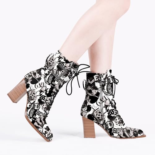 Women's Sexy Block High Heel Ankle Boots Square Toe Lace Up Buckle Strap Dress Booties2