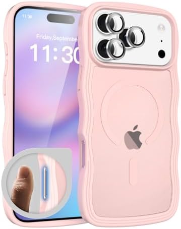 for iPhone 17 Pro Max Case for Women & Men with Lens Protectors,[Strong Magnetic Charging] Cute Wave Translucent Matte Phone Case,Peach Pink