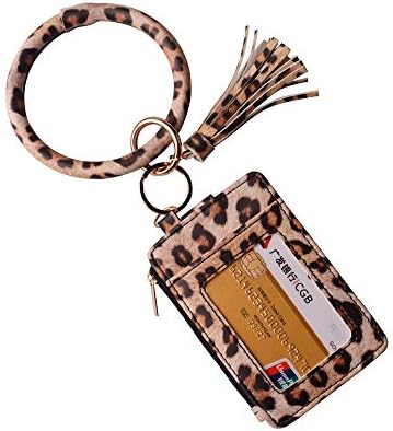 Lantintop Multifunctional Bangle Key Ring Card Holder PU Leather Round Keychain With Matching Wristlet Wallet For Women Girls (Zipper Leopard)