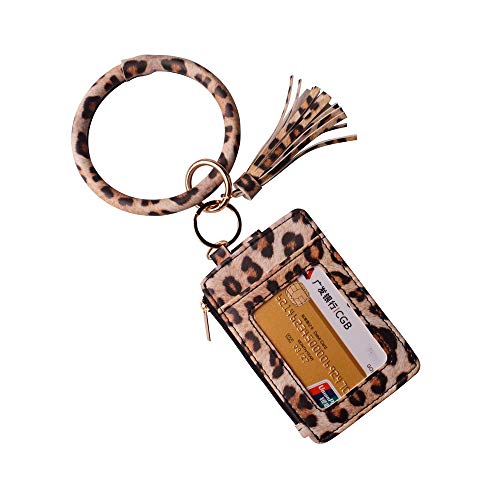 Lantintop Multifunctional Bangle Key Ring Card Holder Pu Leather Round Keychain With Matching Wristlet Wallet For Women Girls (Zipper Leopard) #TOP25
