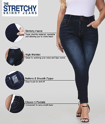 Gocolloa Womens Plus Size Skinny Jeans High Waisted Stretchy Classic Ankle Jean Dark Blue 18W