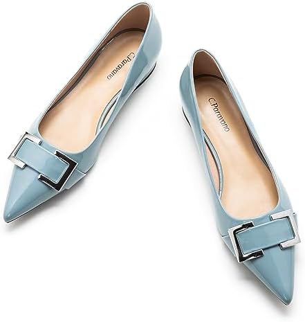 C.Paravano Women's Pointed Toe Flats | Soft Leather Ballet Shoes with Square Buckle | Comfortable Slip On Work Shoes | Dressy Flats for Office, Travel & Daily Wear(Size 9.5,Blue)