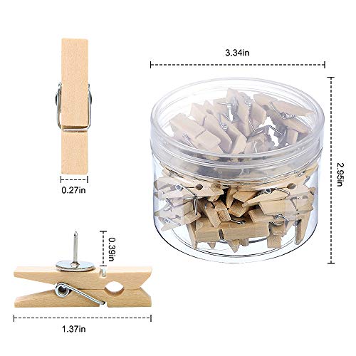 Kissral 50Pcs Push Pins with Wooden Clips, Wooden Pegs with Pushpins, Paper Clips with Pins Drawing Pins Thumbtacks 35x7mm for Cork Boards Notice Board Map Drawing Pictures Hanging Natural