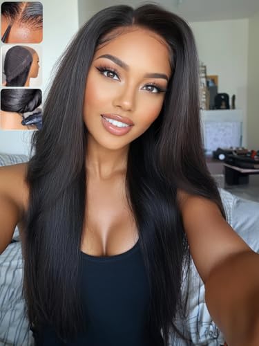 Image of KLAIYI Bye Bye Slip Yaki Straight 7X5 Pre Cut Lace Front Human Hair Wig Drawstring Glueless 30S Ready to Wear and Go Wig with Baby Hair Pre Plucked Bleached Knots Beginner Wigs for Black Women 20Inch