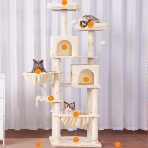 Image of Heybly Cat Tree, 70 inches Tall Cat Tower condo with Toy for Indoor Large Cats, Cat House Furniture with Padded Plush Perch, Cozy Hammock and Sisal Scratching Posts,Beige HCT032M
