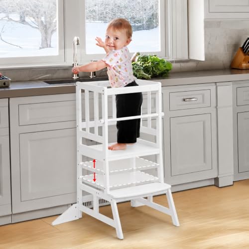 Image of COSYLAND Kids Kitchen Step Stool, Height Adjustable Toddler Standing Tower Nursery Helper with CPC & FSC Certification, Removable Safety Railing Enjoys Exclusive Paten,White