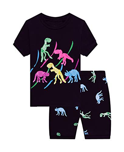 Benaive Pajamas for Boys, Pjs for Boy Cotton Summer 4-Piece Pajama Children Shorts Set (Dinosaur & Rocket, Black & Dark Grey, 2T) - image 2