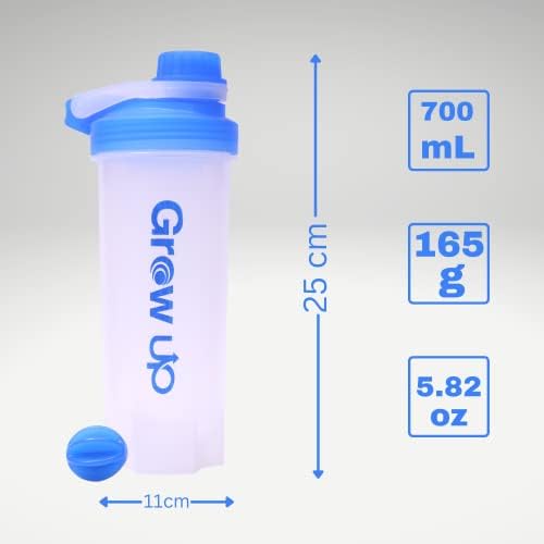 Grow up Protein Shaker Bottle with Mixing Ball, Leakproof and Round Base for Clump Free Mixing, Available in Multiple Clear Colors, 700-ml Storage Capacity (Blue)