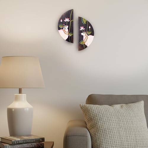 Image of AAKRITI ART CREATIONS Pichhwai Nandi Handpainted Wall Panels, Pichhwai Art Wooden Wall Hanging Set of 2 Multicolor | Matte Finish Wooden | Home Items for Living Room, Bedroom, Office