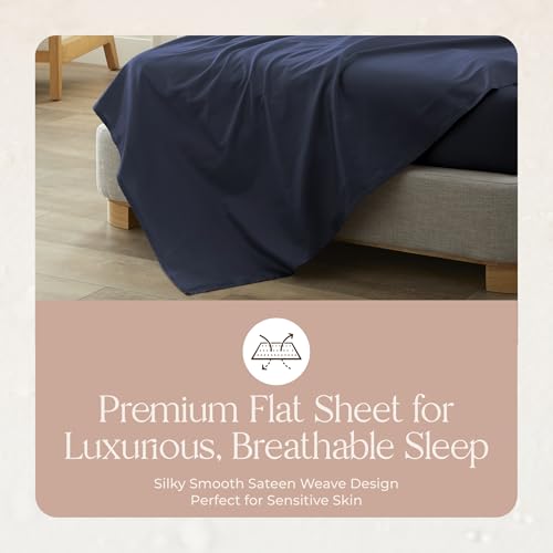 Image of Certified Organic Full Flat Sheet Only - 100% Organic Cotton Top Sheet with Luxurious Soft and Breathable 300 Thread Count Sateen Weave Finish - GOTS & Fairtrade Certified (Navy, Full)