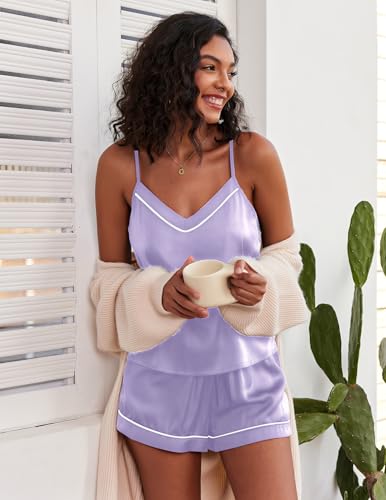 Image of Ekouaer Pajamas for Women Set Silk Satin Pjs Sexy Lingerie Sleepwear Cami Shorts Set Summer Nightwear S-XXL
