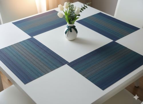 Image of YELONA Rectangular Crossweave Woven PVC Vinyl Non-Slip Insulation Heat-Resistant & Waterproof Stain Resistant Washable Placemat for Dining & Kitchen Table-(Blue,Set of 4)