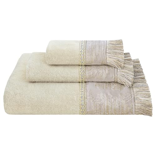 Loom and Mill Luxury Cotton Bath Towel Set 3 Piece, Ivory-Beige Sliver