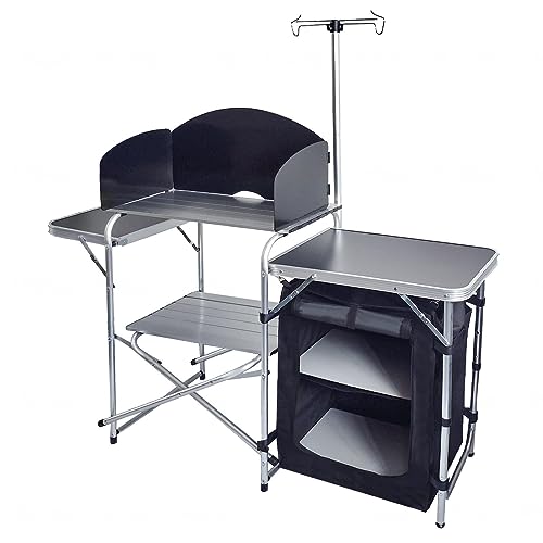 LoKori Camping Portátil Al Aire Libre, Mesa Plegable para Acampar con Parabrisas y Bolsa de Transporte, Mesa de Almacenamiento de Cocina de Jardín de Aluminio para Senderismo,Playa,Barbacoa,Cocina