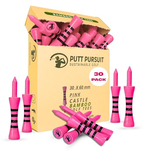 Putt Pursuit 6cm/ 60mm Castle Bamboo Golf Tees - Biodegradable & Sustainable Golf Tees Bamboo Material - Golf Accessories - Golf Tees Wooden - 30 Non Plastic Golf Tees - Pink Colour Tee