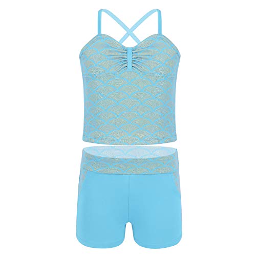 inhzoy Kids Girls 2PCS Mermaid Scales Pattern Crop Top and Shorts Swimming Tankini Sports Ballet Dancewear