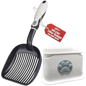iPrimio Universal Cat Litter Scooper Holder & Black Litter Scooper Bundle – Non Stick Plated Durable Aluminum Cat Litter Scooper, Patented Design – Stable Scooper Holder – Kitty Litter Box Accessories