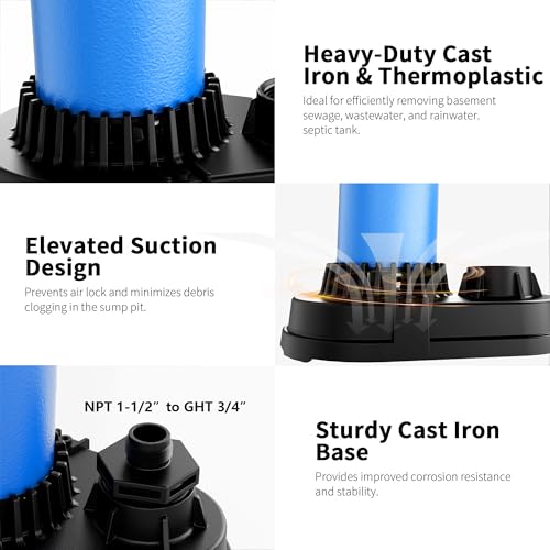 FOTING 3/4HP Submersible Sump Pump,4500 GPH Cast Iron Sewage/Effluent Pump,Automatic Tethered Float Switch,Septic Pump for Basement,Septic Tank,Basin,Sewage Well,Sewage System,1-1/2\" NPT Discharge - Thumbnail 5