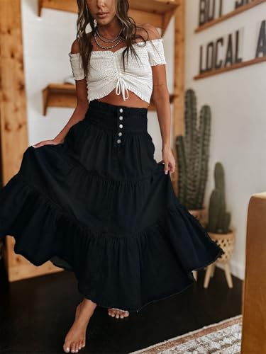 ebossy Women's Tiered Button Down Midaxi Denim Skirts Ruffle Pleated High Waist Flowy Jean Skirts with Pockets4