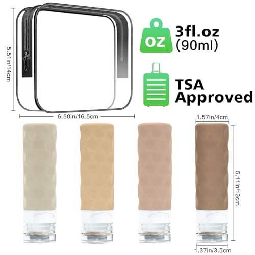 Image of Silevoler Travel Bottles for Toiletries, 4pcs Tsa Approved 3oz Travel Size Containers, BPA Free Leak Proof Premium Silicone Bottles, Refillable Liquid Squeezable Accessories W /Toiletry Bag(Cream)