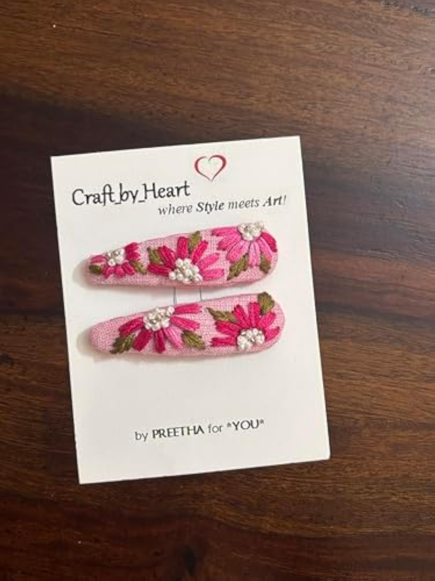 Pink Floral Hand Embroidered Hair Bow & Tic Tac Clip Set