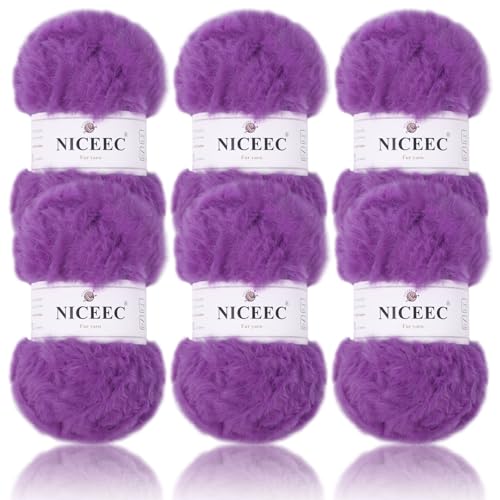 Image of NICEEC Faux Fur Yarn Super Soft, Chunky & Fluffy, Eyelash Yarn for Crochet & Knitting(Total Length 210yds /10.6oz) - Violet /300g