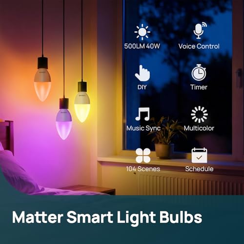 Image of Linkind Matter E12 Led Bulb, Candelabra Color Smart Light Bulbs, 4 Pack | Works with Alexa /Apple Home /Google Home, Chandelier Light Bulbs, Music Sync, 104 Preset Scenes, 2.4GHz WiFi B11 Bulb 500LM