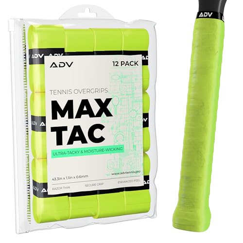 ADV MaxTac Tacky - Paquete de 12 agarres de tenis antideslizantes extremadamente pegajosos - Cinta de agarre para raqueta de tenis profesional delgada y fácil de usar (paquete de 12 voltios)