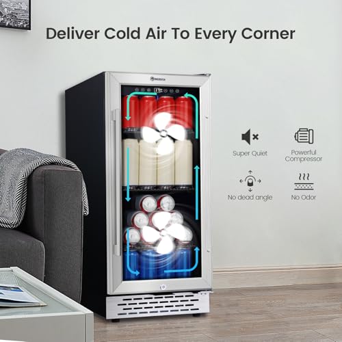 Image of 15 Inch Beverage Refrigerator Under Counter, 130 Cans Beverage Fridge with Tempered Glass Door & Lock, 37-65F Beverage Cooler For Home /Bar, Built-in /Freestanding Mini Drink Cooler(3.53 cu.ft)