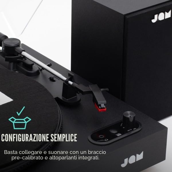 JAM Giradischi con Altoparlanti - Giradischi Bluetooth con Altoparlanti da Libreria, 3 Velocità con Coperchio Antipolvere, Braccio Pre-Calibrato, Pulitore di Vinile Incluso, Nero