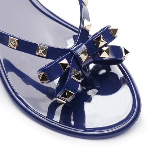Image of Studded Jelly Shoes for Womens Bow Flip Flops Jellies Sandals Flat Black Summer Beach Thong with Rivets Strappy Slides Slip On