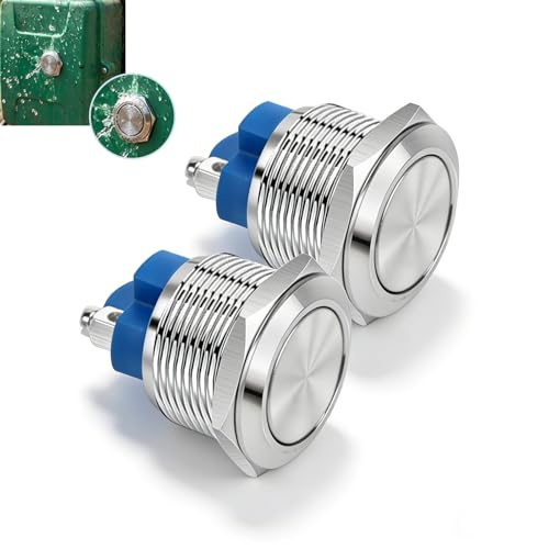 JIXLOUR 2pcs Bouton Poussoir Momentané 22mm 2A/12V/24V/125V/250V - Bornes à vis en Acier Inoxydable, Bouton Etanche à l'eau (Tête Plate)