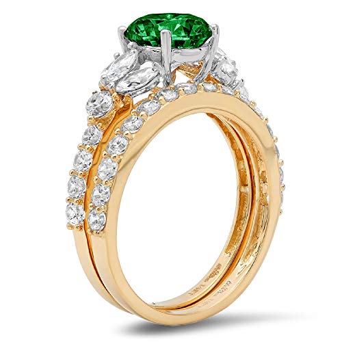 2.82 Ct Round Marquise Cut Solitaire 3 Stone With Accent Genuine Flawless Simulated Emerald Designer Statement Classic Engagement Bridal Ring Band Wedding Set Solid 18K 2 Tone Gold Size 7.5 #TOP1