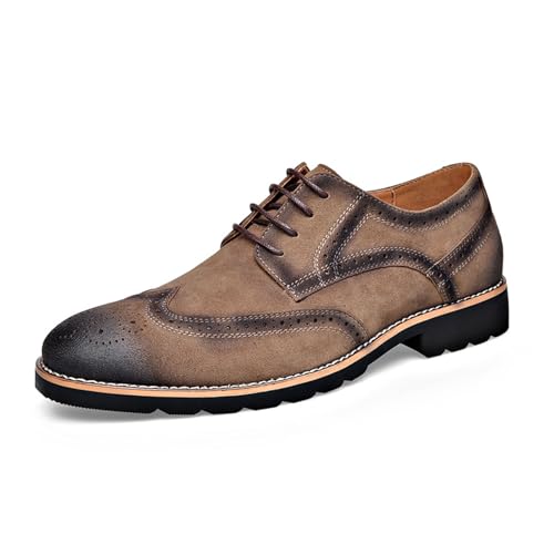 Men's Suede Leather Wingtip Vintage Oxfords Low Top Lace-Up Low Block Heel Carved Brogue Dress Derby Shoes for Casual Business