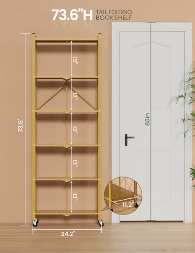 Image of ALANNG 73.6 Inch Folding Bookshelf, 6 Tier Metal Bookcase and Bookshelves | Tall Shelves for Living Room Office Bedroom, Heavy Duty Book Shelve Free Standing Open (Gold, 4PACK)